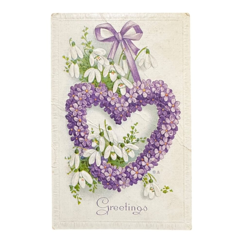 Vintage Embossed Postcard Purple Floral Heart & Snowdrops Greetings 1910 E.Nash
